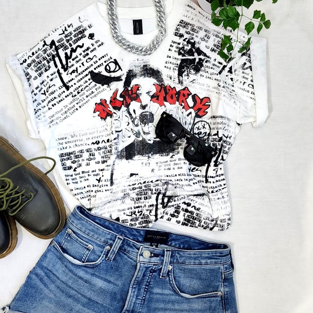 White t-shirt, reworked, upcycled, unique, size M